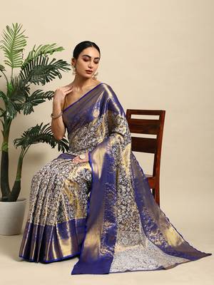 Royal blue zari woven art silk Faux kanchipuram saree with blouse 1