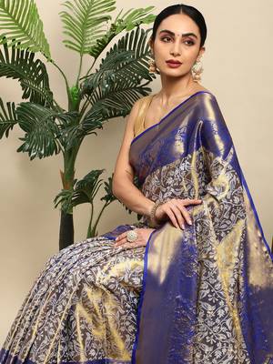Royal blue zari woven art silk Faux kanchipuram saree with blouse 2