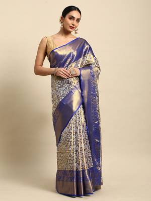 Royal blue zari woven art silk Faux kanchipuram saree with blouse 3