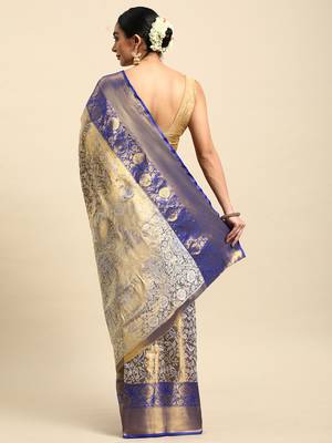 Royal blue zari woven art silk Faux kanchipuram saree with blouse 4