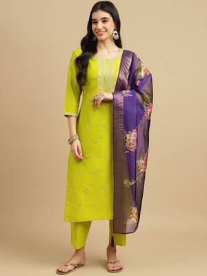 Women's Chinon Embroidered Straight Kurta with Pant And Printed Dupatta Set 1