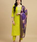 Women's Chinon Embroidered Straight Kurta with Pant And Printed Dupatta Set