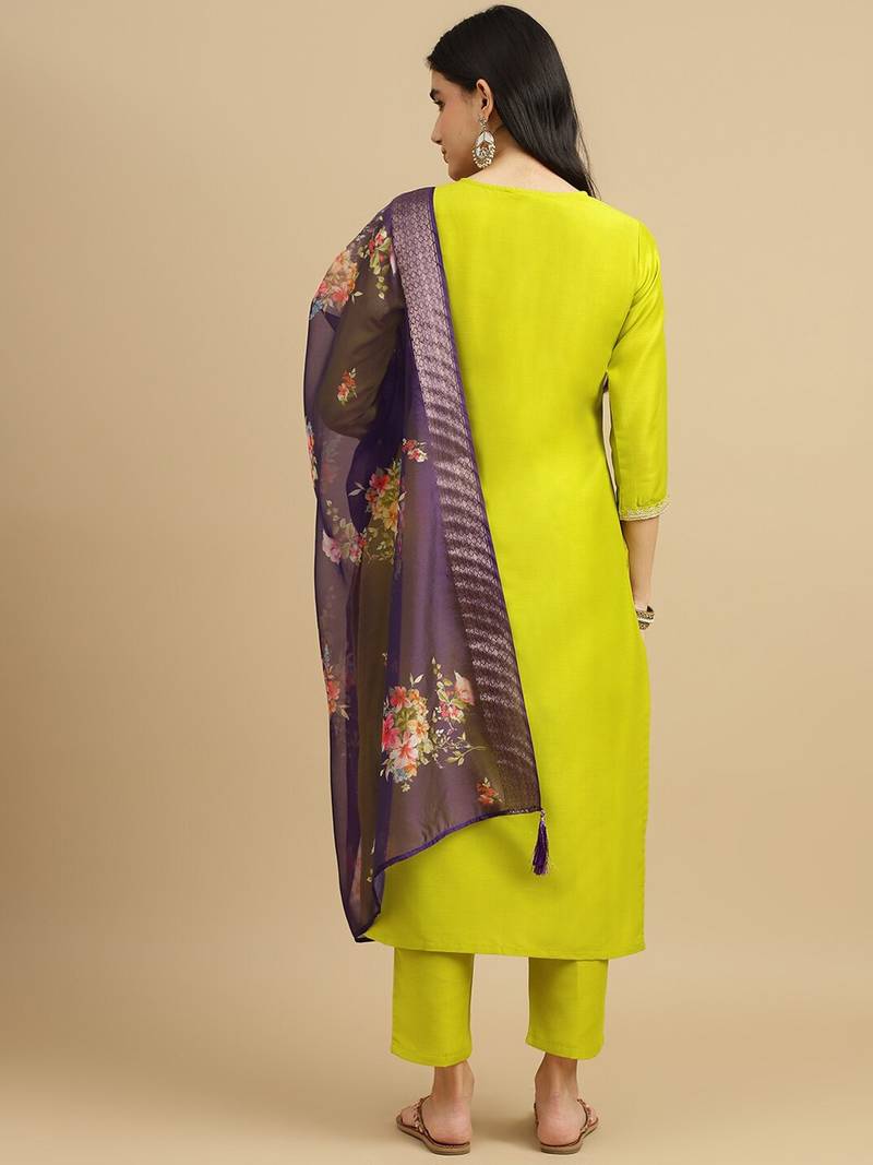 Women's Chinon Embroidered Straight Kurta with Pant And Printed Dupatta Set