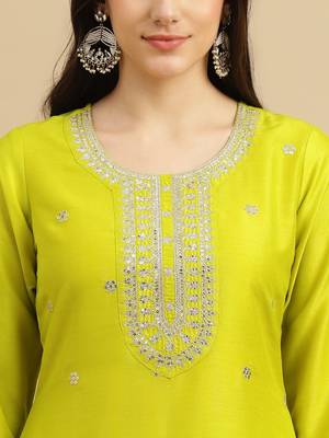 Women's Chinon Embroidered Straight Kurta with Pant And Printed Dupatta Set 4