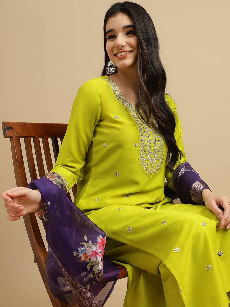 Women's Chinon Embroidered Straight Kurta with Pant And Printed Dupatta Set