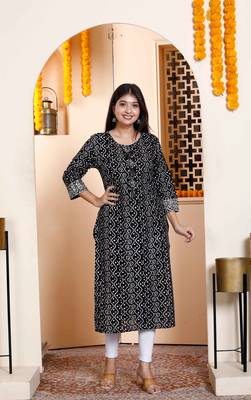 Womens rayon embroidery black bandhani printed straight kurti 1
