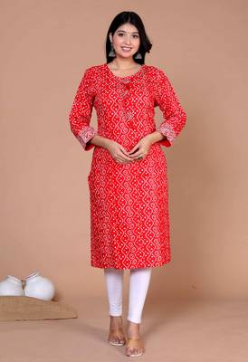 Womens festive wear red bandhani printed straight kurti 1