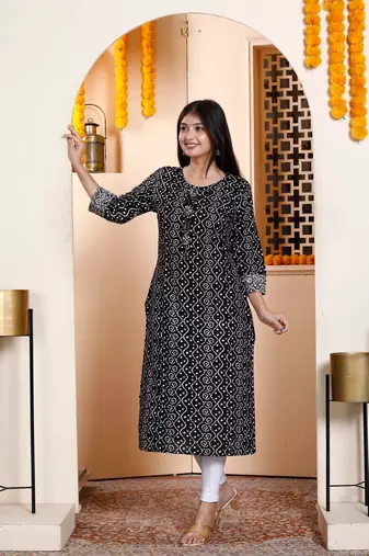Womens rayon embroidery black bandhani printed straight kurti