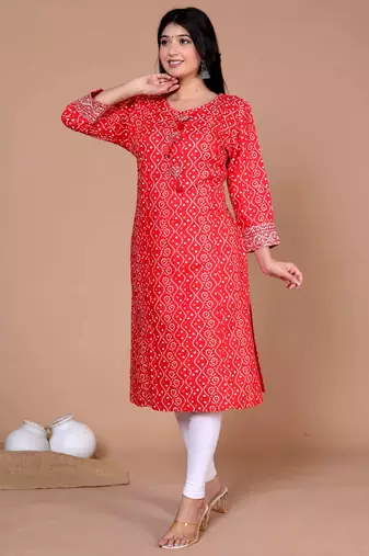 Womens festive wear red bandhani printed straight kurti