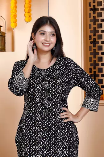 Womens rayon embroidery black bandhani printed straight kurti