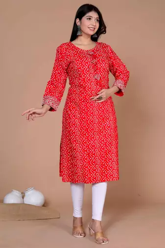 Womens festive wear red bandhani printed straight kurti
