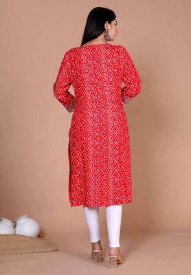 Womens festive wear red bandhani printed straight kurti 4