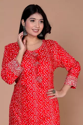 Womens festive wear red bandhani printed straight kurti
