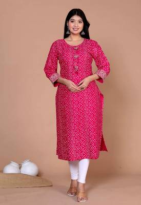 Womens bandhani printed embroidered straight kurti 1