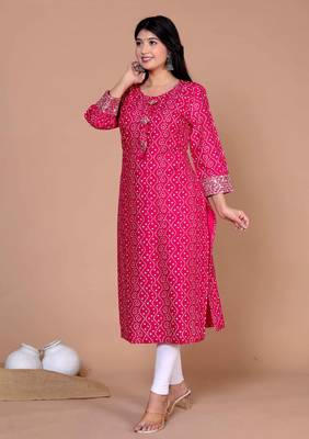 Womens bandhani printed embroidered straight kurti 2