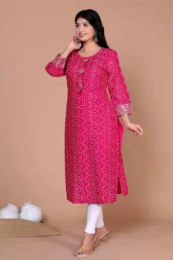 Womens bandhani printed embroidered straight kurti