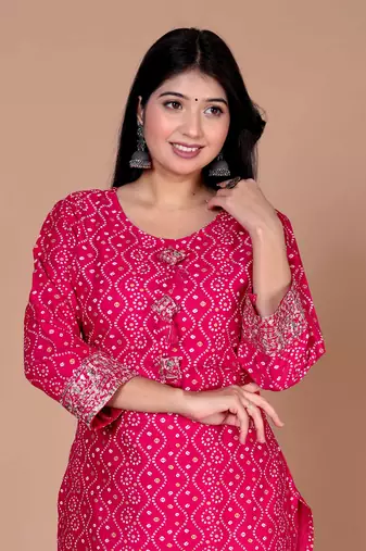 Womens bandhani printed embroidered straight kurti