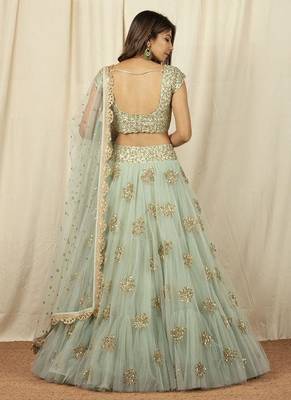 Olive Green Net Embroidered Lehenga Choli for Wedding 2