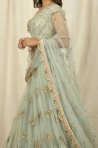 Olive Green Net Embroidered Lehenga Choli for Wedding