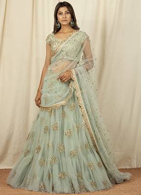 Olive Green Net Embroidered Lehenga Choli for Wedding 1