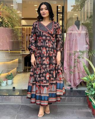Luxurious black-red abstract printed muslin gown set with intricate hand embroidery for every occasions 2
