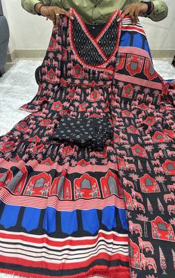 Luxurious black-red abstract printed muslin gown set with intricate hand embroidery for every occasions 3