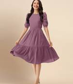 Plain Purple Satin Cotton Half Puff Sleeve Mini Western Dress for Women