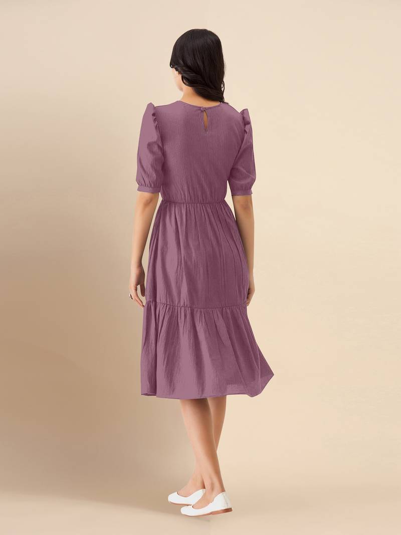 Plain Purple Satin Cotton Half Puff Sleeve Mini Western Dress for Women