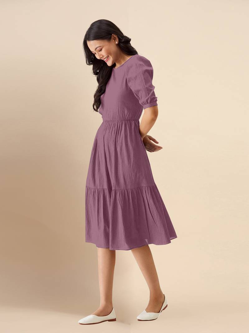 Plain Purple Satin Cotton Half Puff Sleeve Mini Western Dress for Women