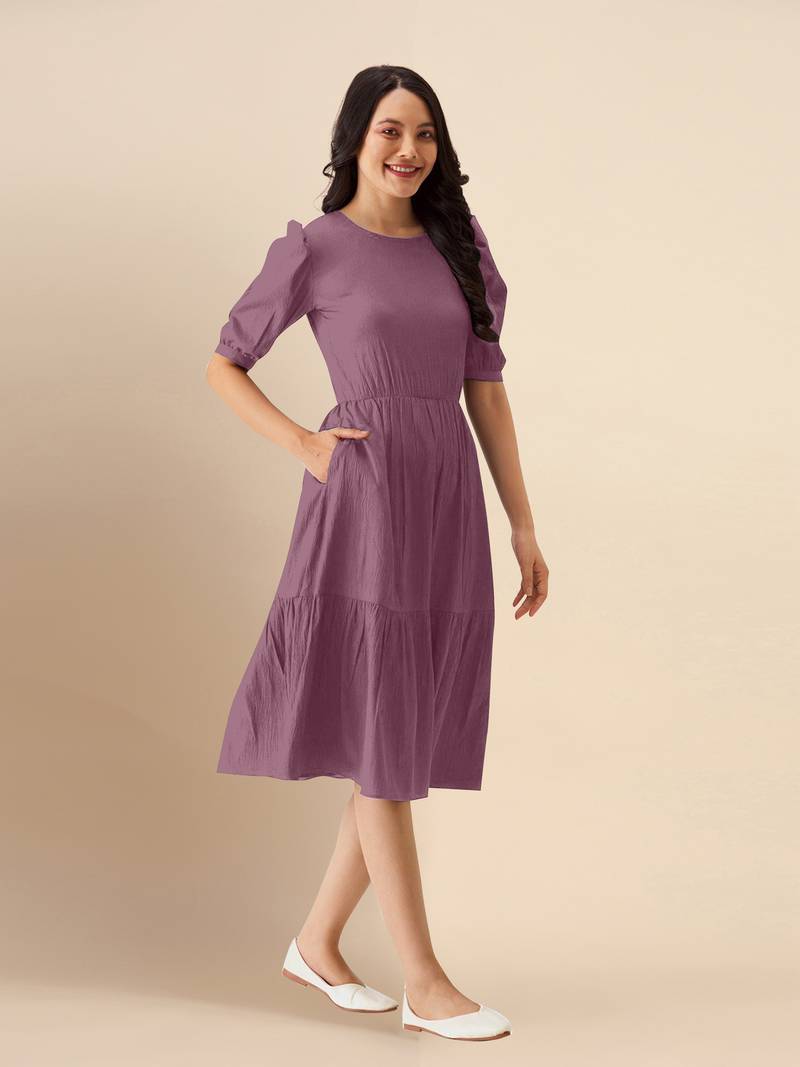 Plain Purple Satin Cotton Half Puff Sleeve Mini Western Dress for Women