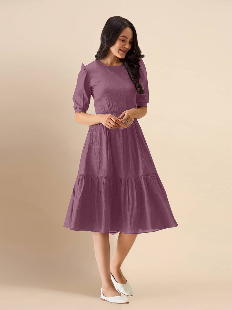 Plain Purple Satin Cotton Half Puff Sleeve Mini Western Dress for Women