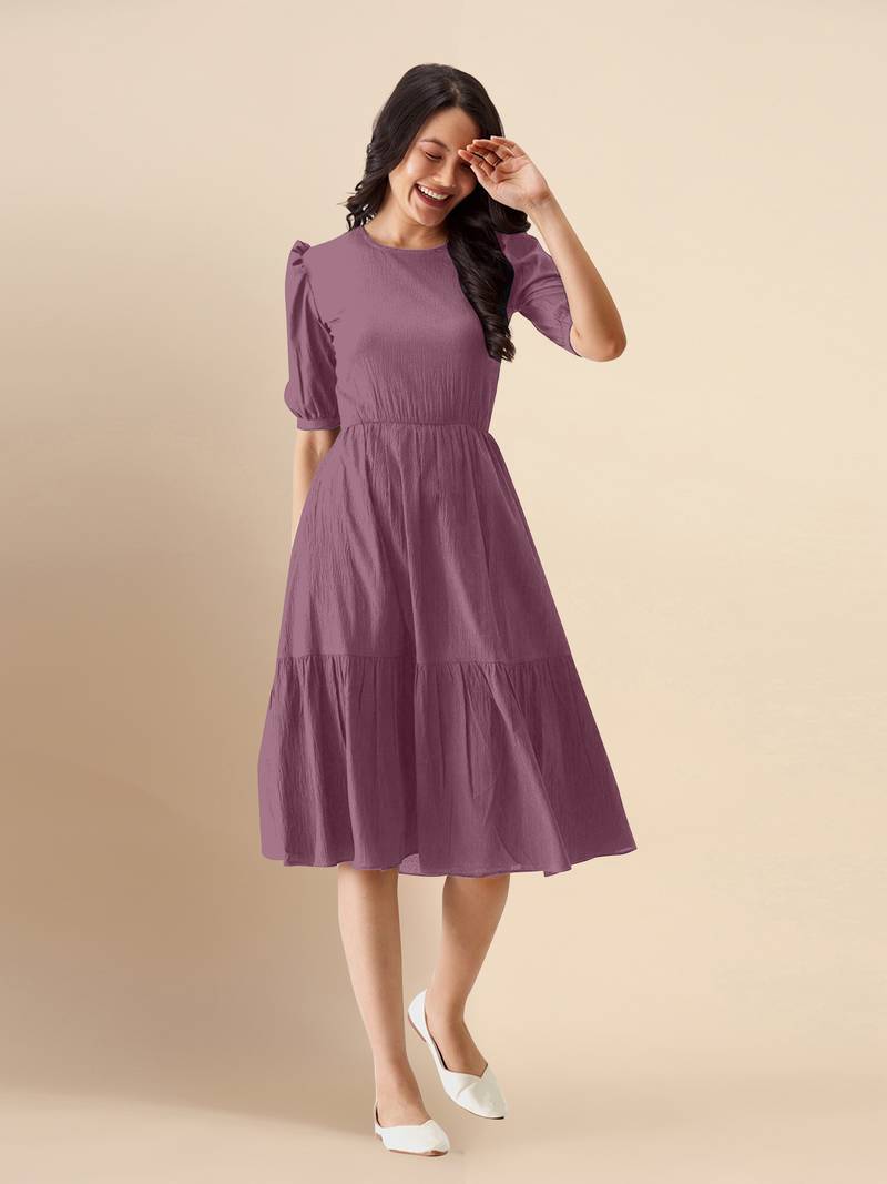 Plain Purple Satin Cotton Half Puff Sleeve Mini Western Dress for Women