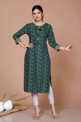 Womens rayon green bandhani print straight kurti 1