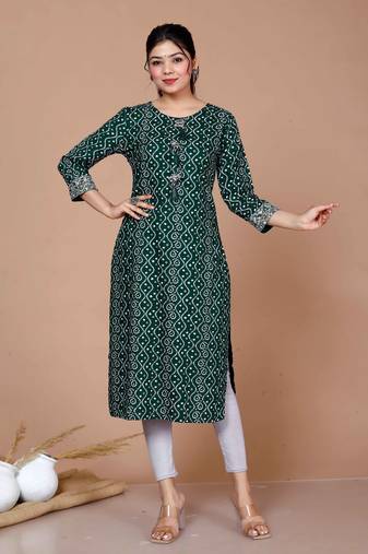 Womens rayon green bandhani print straight kurti
