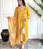 Women's Chanderi Silk Printed Straight Kurta with Pant And Printed Dupatta Set
