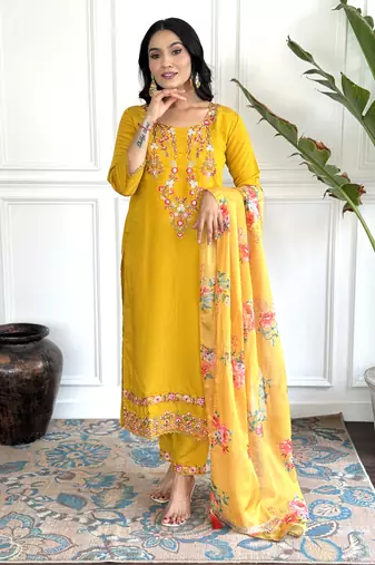 Women's Chanderi Silk Printed Straight Kurta with Pant And Printed Dupatta Set