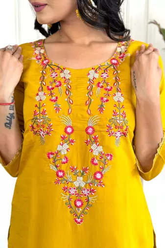 Women's Chanderi Silk Printed Straight Kurta with Pant And Printed Dupatta Set