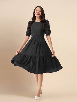 Trendmalls Black Satin Cotton Round Neck Half Puff Sleeve Mini Western Dress 1