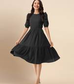 Black Satin Cotton Round Neck Half Puff Sleeve Mini Western Dress
