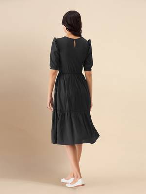 Trendmalls Black Satin Cotton Round Neck Half Puff Sleeve Mini Western Dress 2
