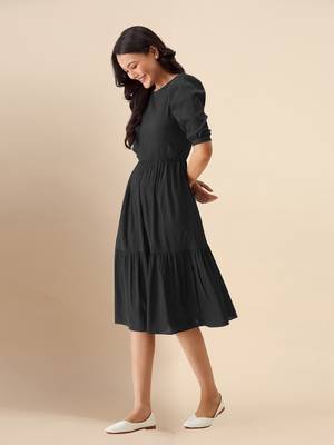 Trendmalls Black Satin Cotton Round Neck Half Puff Sleeve Mini Western Dress 3