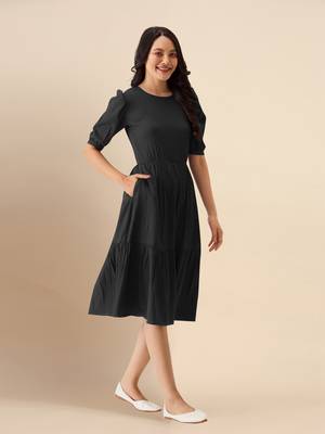 Trendmalls Black Satin Cotton Round Neck Half Puff Sleeve Mini Western Dress 4