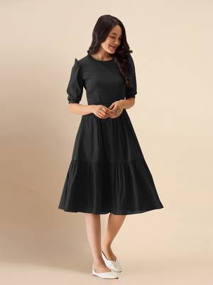 Trendmalls Black Satin Cotton Round Neck Half Puff Sleeve Mini Western Dress 5