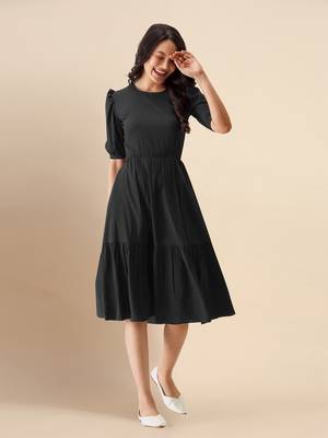 Trendmalls Black Satin Cotton Round Neck Half Puff Sleeve Mini Western Dress 6