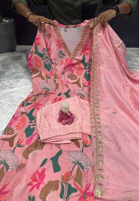 Lavish pink floral with zari embroidery kurta set with floral dupatta for every occasions 2