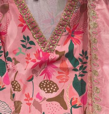 Lavish pink floral with zari embroidery kurta set with floral dupatta for every occasions 4