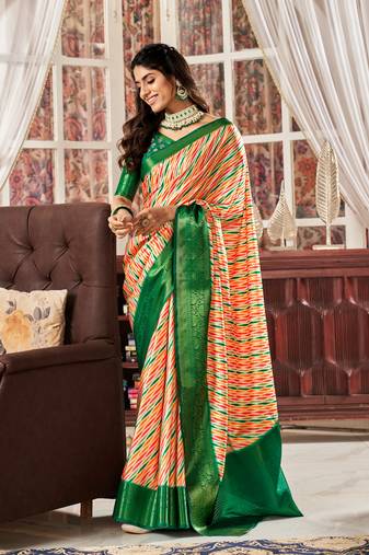 Orange Designer Digital Printed Pure Satin Saree With Blouse