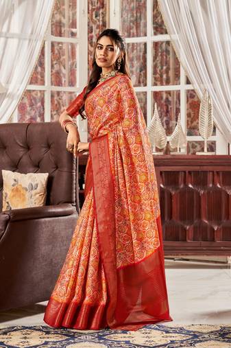 Orange Designer Digital Printed Pure Satin Saree With Blouse