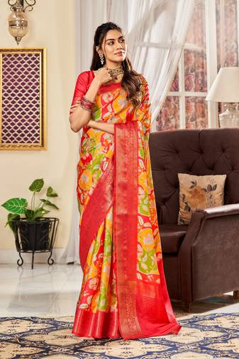 Multicolor Designer Digital Printed Pure Satin Saree With Blouse