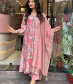 Lavish pink floral with zari embroidery kurta set with floral dupatta for every occasions